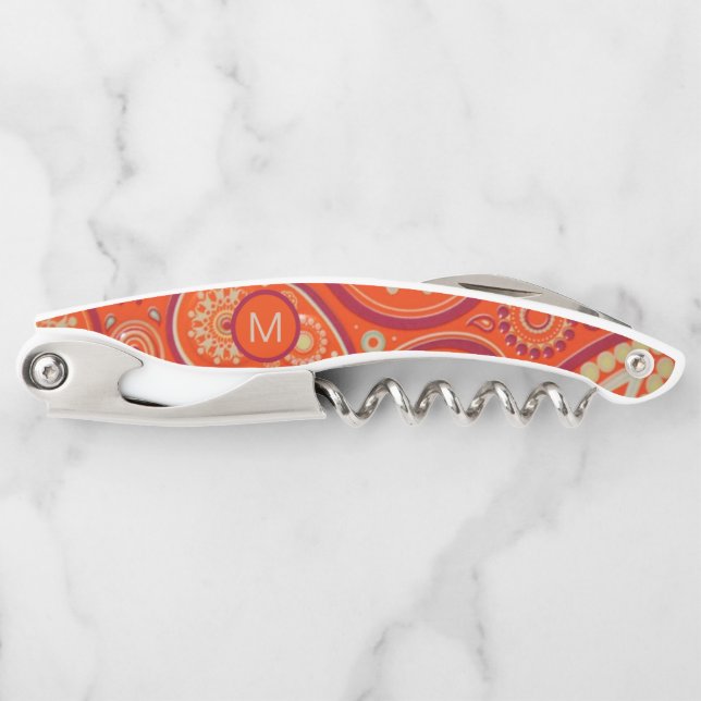 Ornate Orange Paisley Pattern Monogram Corkscrew (Front)