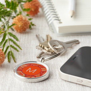 Ornate Orange Paisley Pattern Monogram Keychain