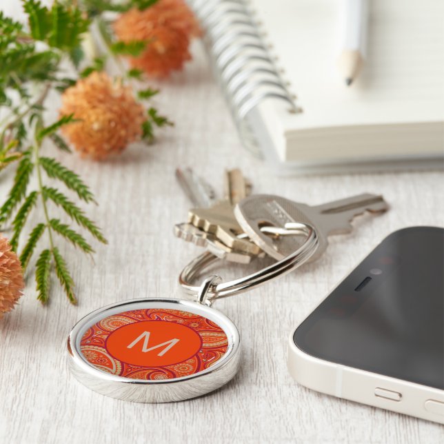 Ornate Orange Paisley Pattern Monogram Keychain (Side)