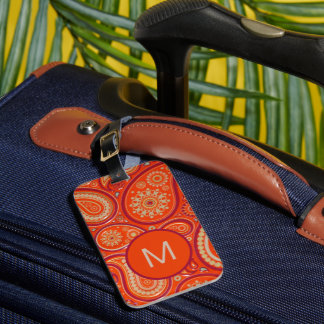 Ornate Orange Paisley Pattern Monogram Luggage Tag