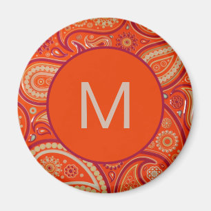 Ornate Orange Paisley Pattern Monogram Magnet