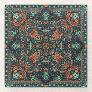 Ornate Paisley Bandana: Silk Neck. Glass Coaster