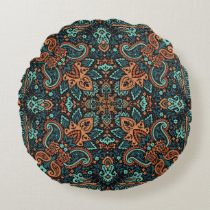 Ornate Paisley Bandana: Silk Neck. Round Pillow