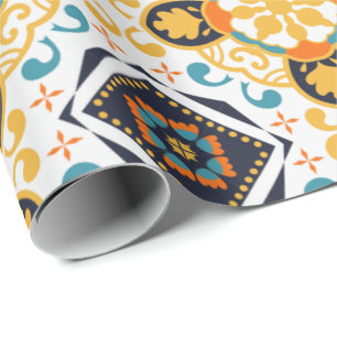 Ornate pattern with yellow and blue geometric  wrapping paper