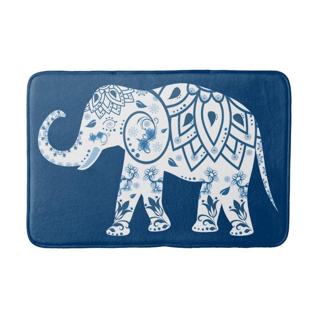 Ornate Patterned Blue Elephant Bath Mat (Front)