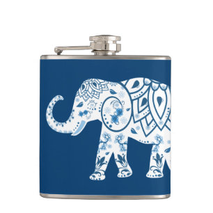 Ornate Patterned Blue Elephant Hip Flask