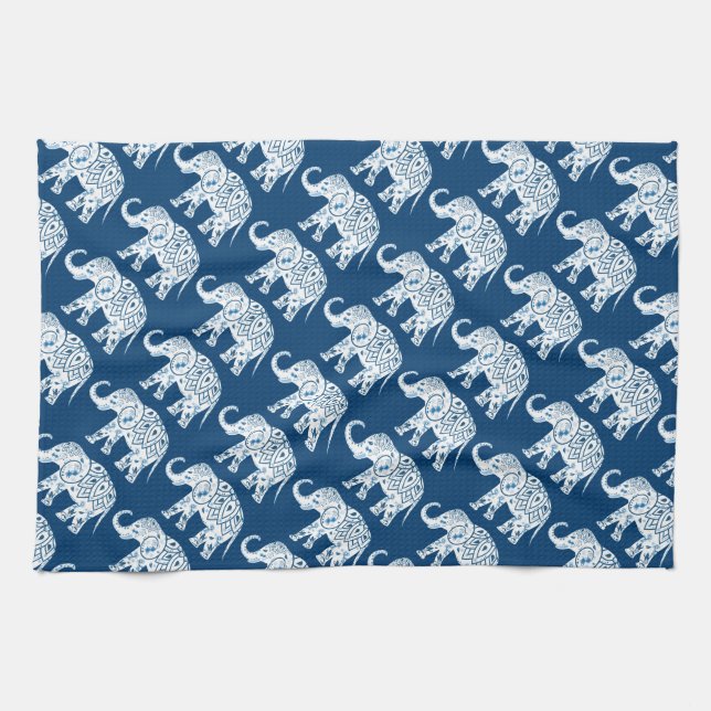 Ornate Patterned Blue Elephant Kitchen Towel (Horizontal)