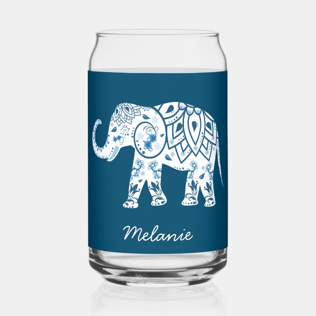 Ornate Patterned Blue Elephant Personalised Can Glass (Front)
