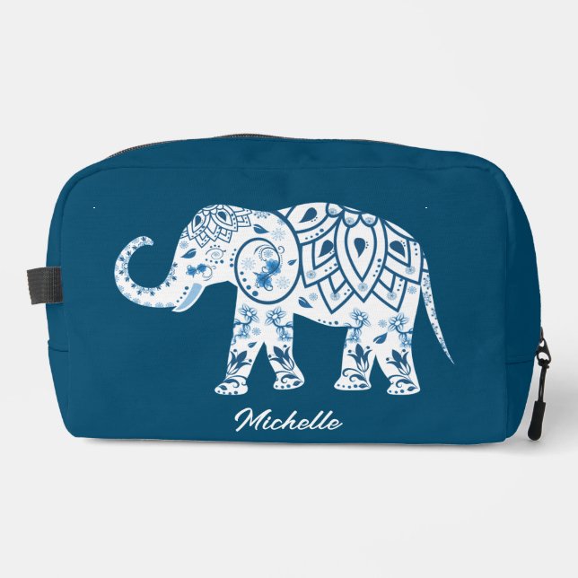 Ornate Patterned Blue Elephant Personalised Dopp Kit (Front)