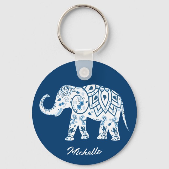 Ornate Patterned Blue Elephant Personalised Keychain (Front)