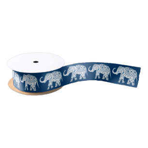 Ornate Patterned Blue Elephant Satin Ribbon