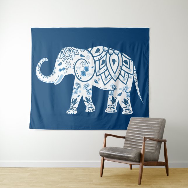 Ornate Patterned Blue Elephant Tapestry (In Situ (Horizontal))