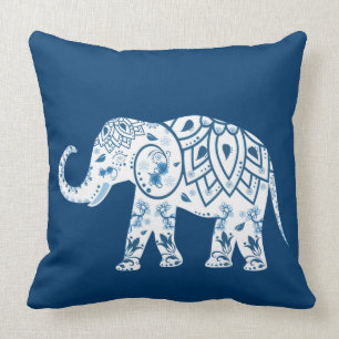Ornate Patterned Blue Elephant Throw Pillow