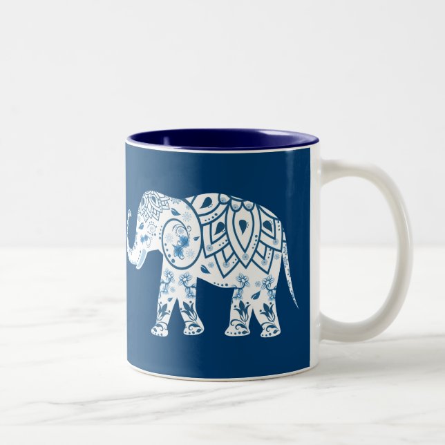 Ornate Patterned Blue Elephant Two-Tone Coffee Mug (Right)