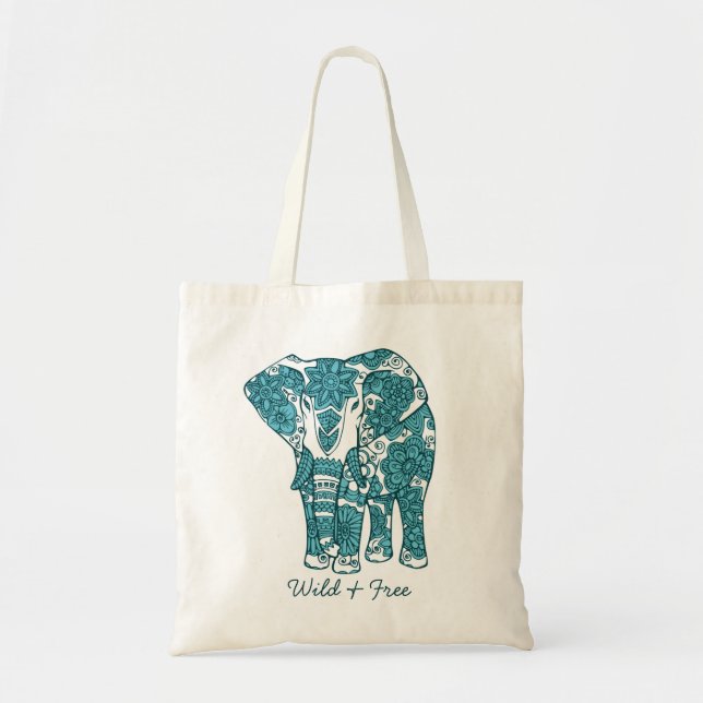 Ornate Patterned Elephant Art Wild and Free Tote Bag (Front)
