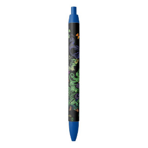 Ornate Peacock and Vintage Floral Black Ink Pen