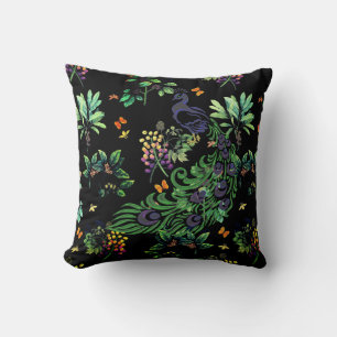 Ornate Peacock and Vintage Floral Throw Pillow