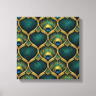 Ornate Peacock Feather Pattern in Emerald & Gold Canvas Print