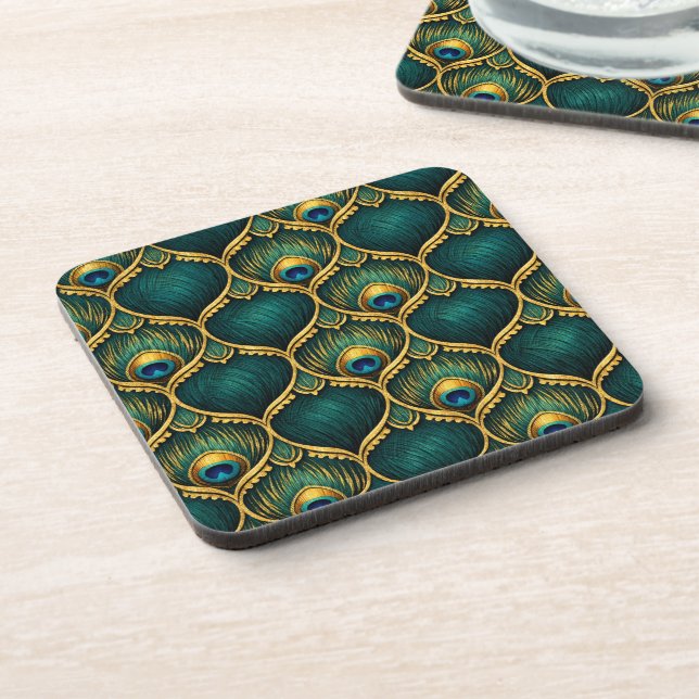 Ornate Peacock Feather Pattern in Emerald & Gold Coaster (Left Side)