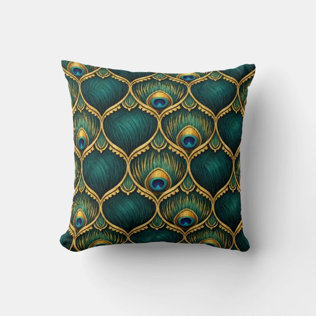 Ornate Peacock Feather Pattern in Emerald & Gold Throw Pillow (Front)