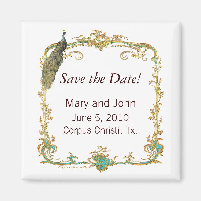 Ornate Peacock Save the Date Magnet (Front)