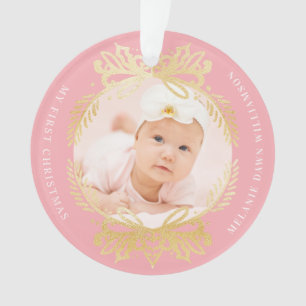 Ornate Pink & Gold Crest Baby's First Christmas Ornament