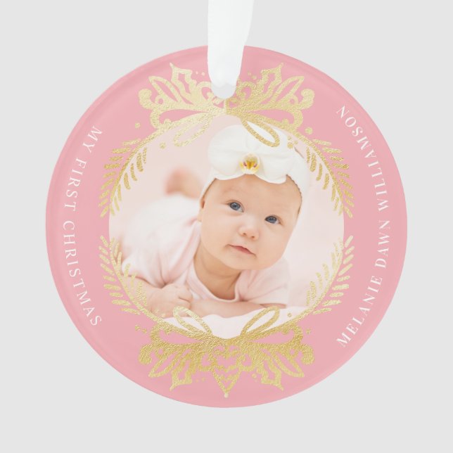 Ornate Pink & Gold Crest | Baby's First Christmas Ornament (Front)