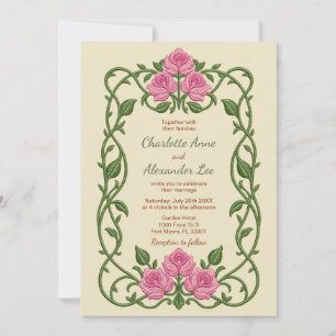 Ornate Pink Rose Machine Embroidery Wedding Invitation