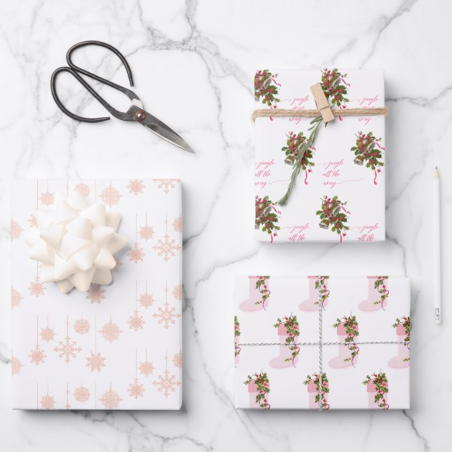 Ornate Pink Snowflakes, Stockings and Bells Wrapping Paper Sheet (Front)