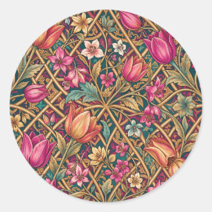 Ornate Pink Tulip Floral William Morris Style Classic Round Sticker