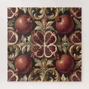Ornate Pomegranate Fruit Baroque Pattern Dark Red Jigsaw Puzzle