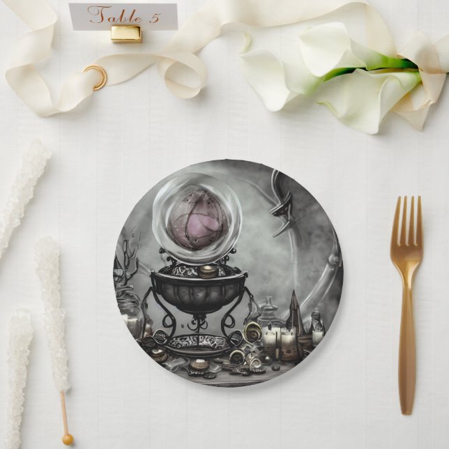 Ornate Purple Crystal Ball and Witchcraft Items Paper Plate (Wedding)