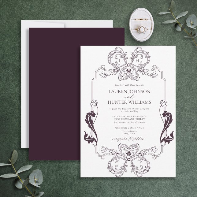 Ornate Purple Floral Line Art Monogram Wedding Invitation (Creator Uploaded)
