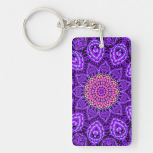 Ornate Purple Flower Vibrations Kaleidoscope Art Keychain