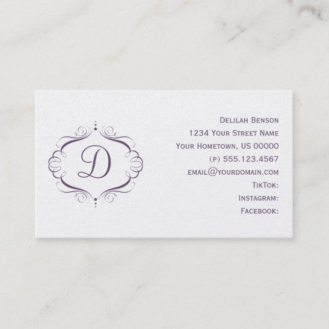 Ornate Purple Pearlized Monogram Business Card (Front)