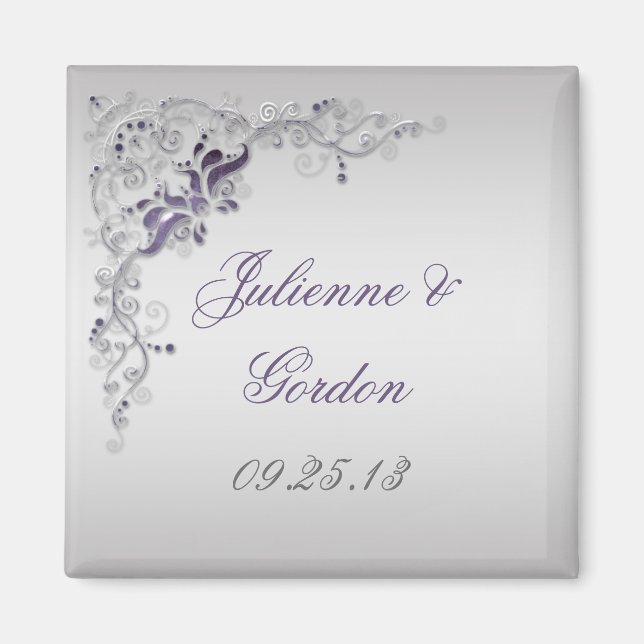 Ornate Purple Silver Floral Swirls Favour Magnet (Front)