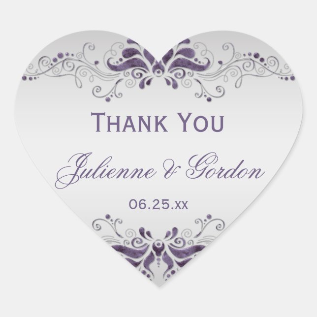 Ornate Purple Silver Swirls Heart Wedding Favour Heart Sticker (Front)
