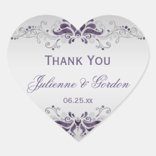 Ornate Purple Silver Swirls Heart Wedding Favour Sticker