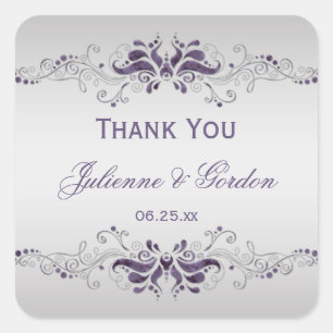 Ornate Purple Silver Swirls Square Wedding Favour Square Sticker