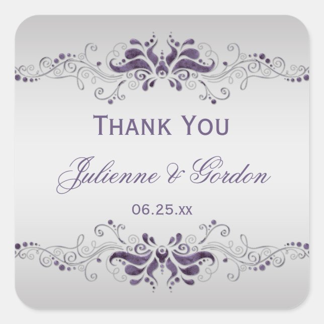 Ornate Purple Silver Swirls Square Wedding Favour Square Sticker (Front)