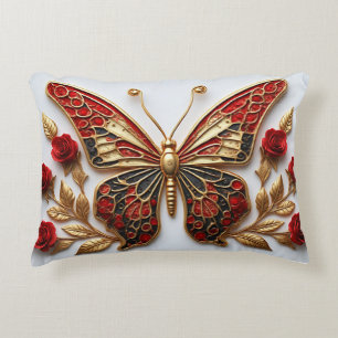 Ornate Red and Gold Butterfly with Roses Accent Pillow