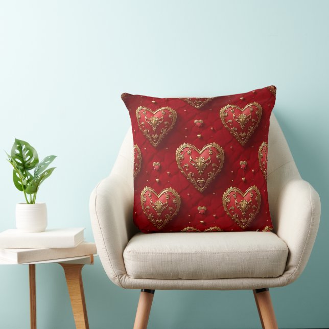 ORNATE RED AND GOLD VALENTINE LOVE HEARTS THROW PILLOW (Chair)