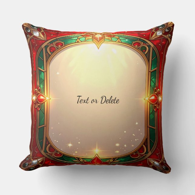 Ornate Red and Green Stained Glass Pattern Throw Pillow (Front)