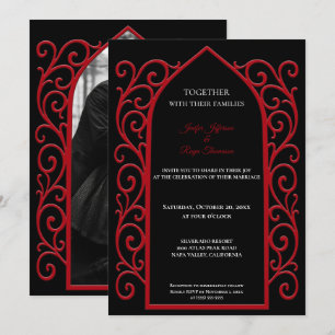 Ornate red border Photo Gothic wedding Invitation