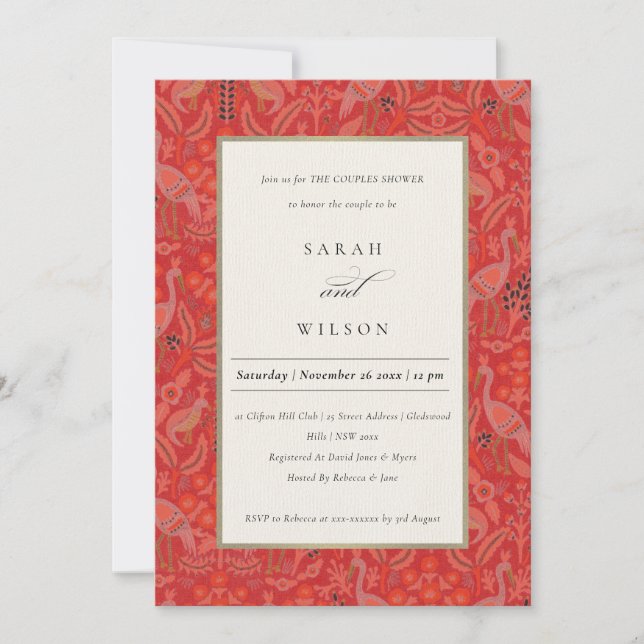 Ornate Red Classy Floral Peacock Couples Shower Invitation (Front)