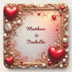 Ornate Red Hearts with Gold and Pearls Coaster