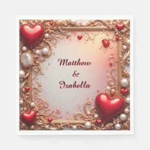 Ornate Red Hearts with Gold and Pearls Napkin