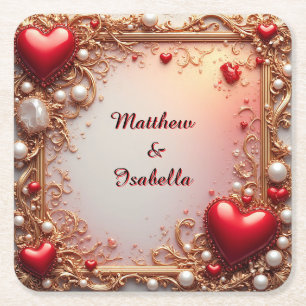 Ornate Red Hearts with Gold and Pearls Square Paper Coaster