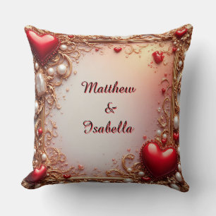 Ornate Red Hearts with Gold and Pearls Throw Pillow