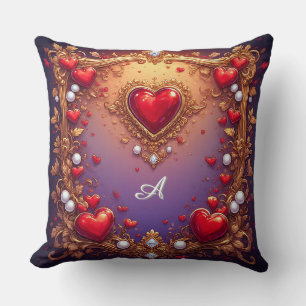 Ornate Red Hearts with Gold and Pearls Throw Pillow
